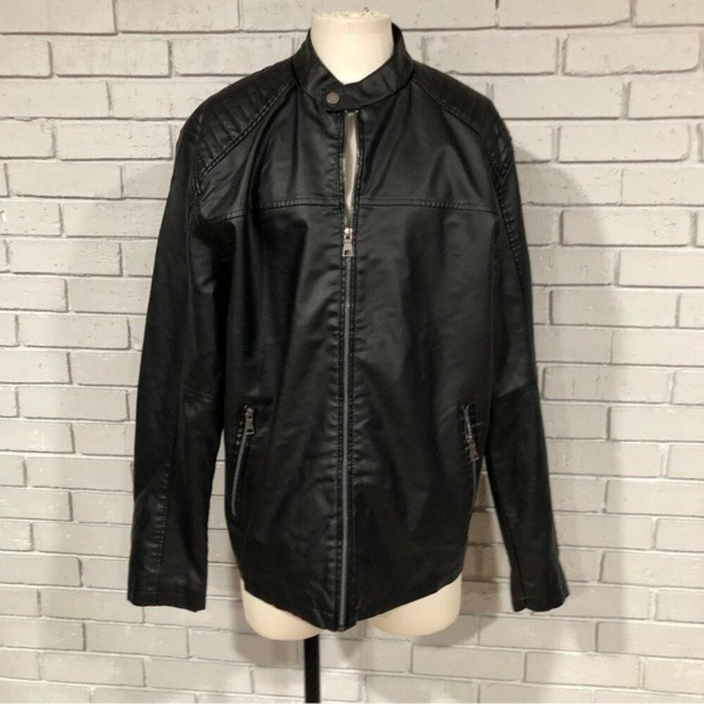 Barneys Originals Black Faux Leather Racer Jacket Quilted Shoulder Moto NWT XL